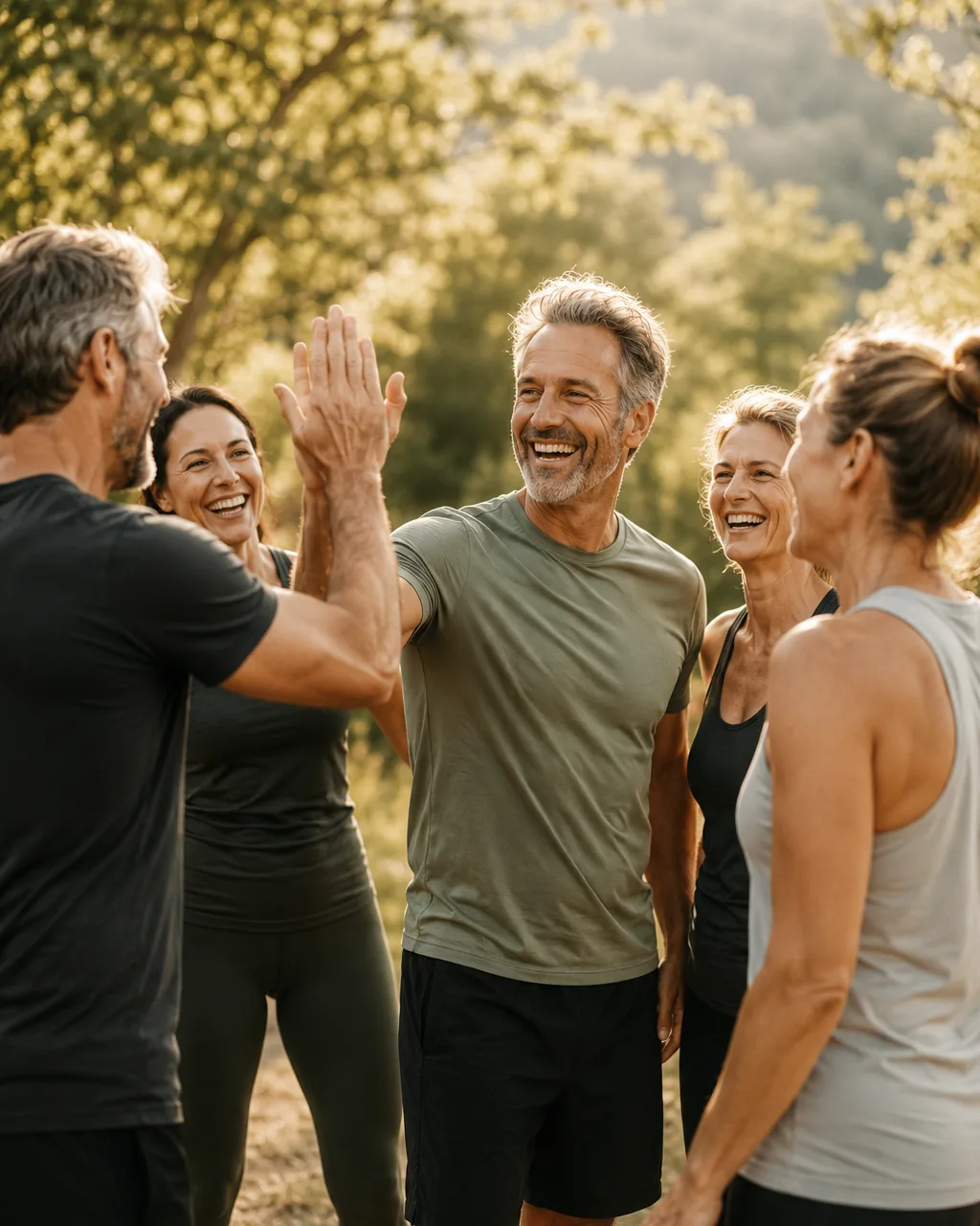 Aktive, gesunde Menschen 50+ geben sich draußen lachend ein High-Five