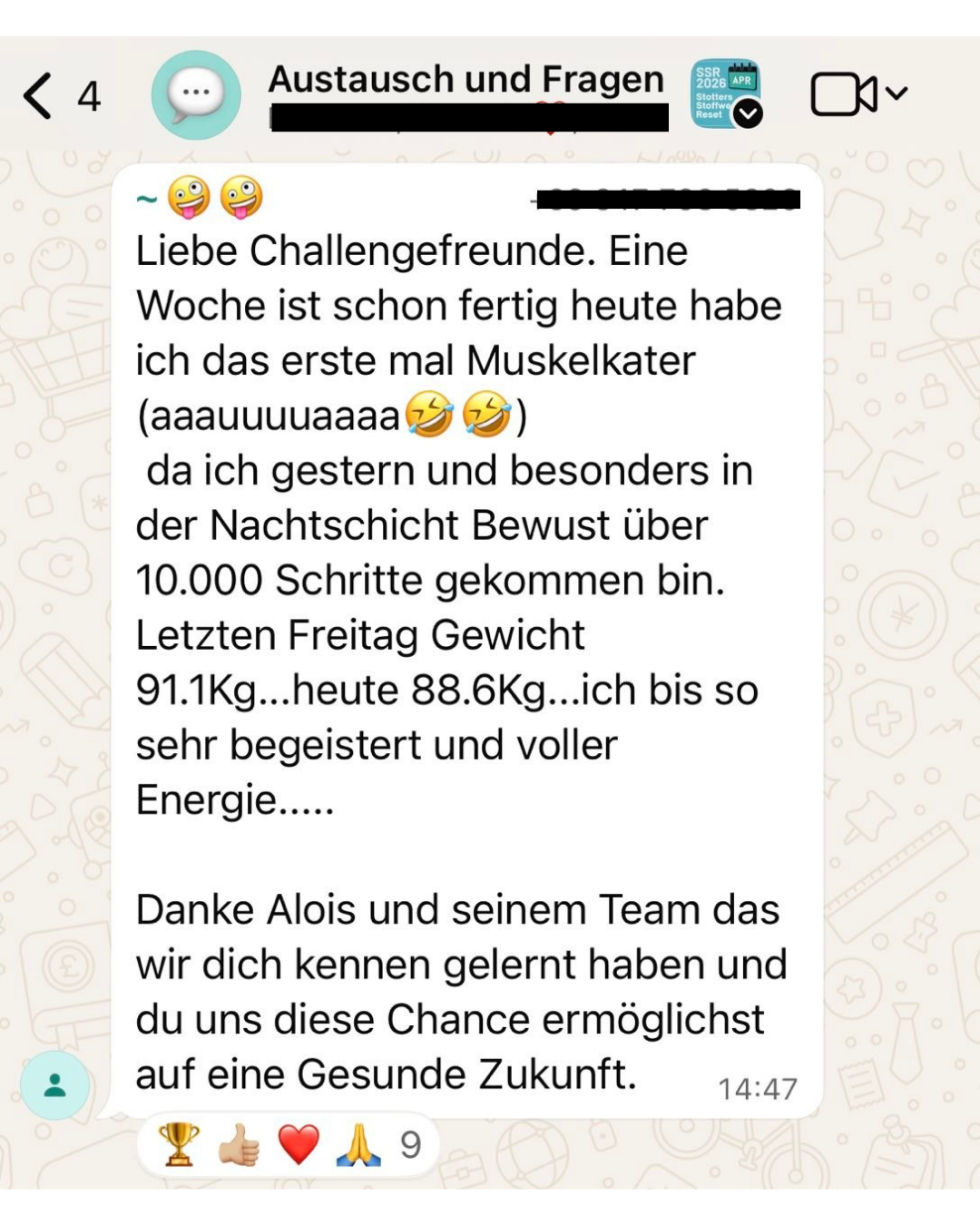 WhatsApp-Nachricht aus der Gruppe: von 91,1 auf 88,6 kg, voller Energie