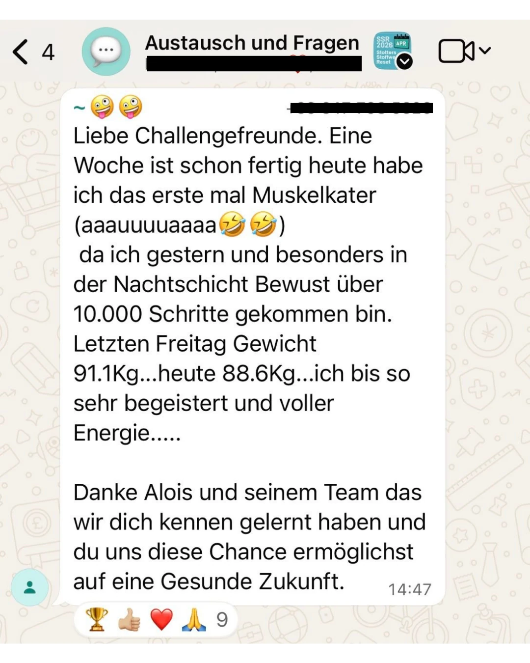 WhatsApp-Nachricht aus der Gruppe: von 91,1 auf 88,6 kg, voller Energie