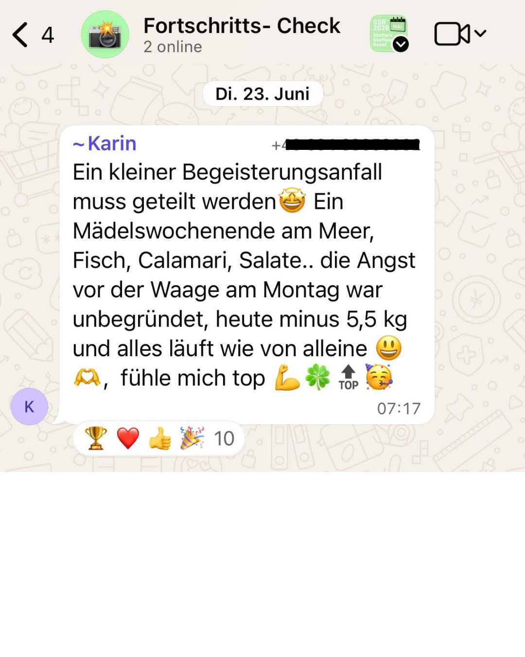 WhatsApp-Nachricht von Karin: Wochenende am Meer mit Fisch und Calamari, trotzdem 5,5 kg abgenommen