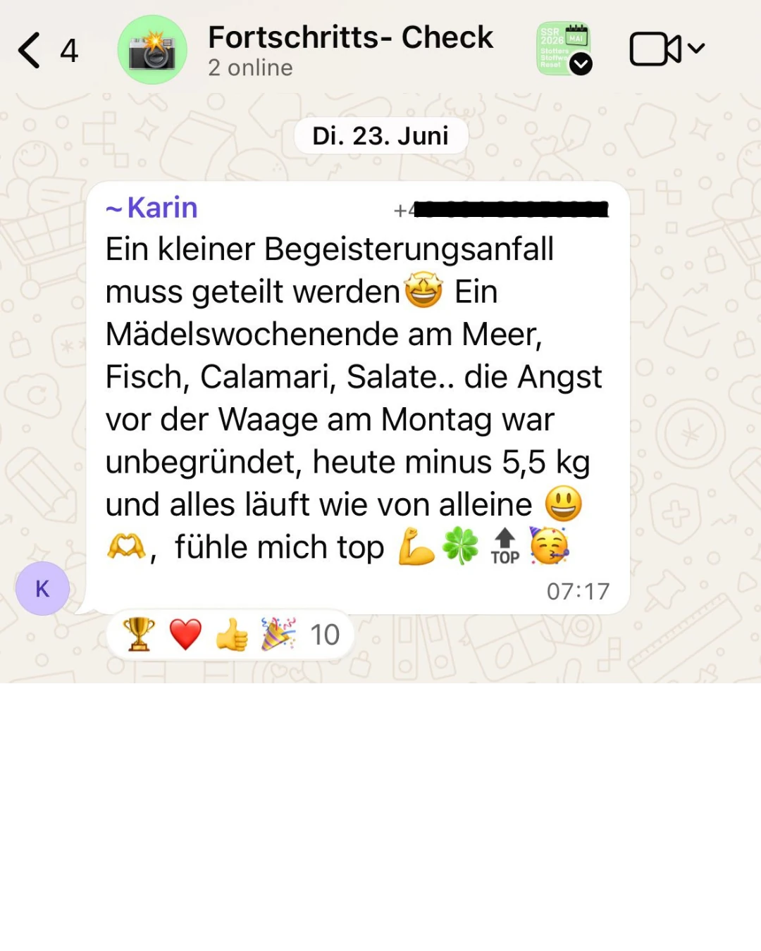 WhatsApp-Nachricht von Karin: Wochenende am Meer mit Fisch und Calamari, trotzdem 5,5 kg abgenommen
