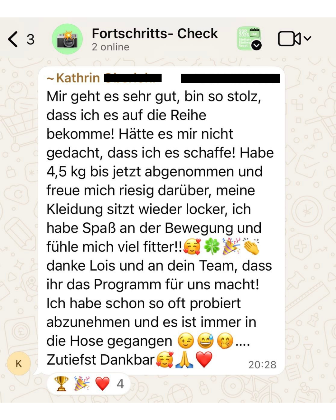 WhatsApp-Nachricht von Kathrin: hatte schon so oft probiert und es ging immer schief, jetzt 4,5 kg abgenommen