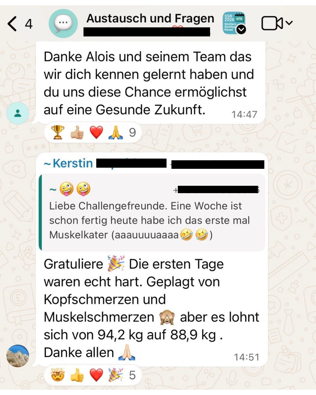 WhatsApp-Nachricht von Kerstin: die ersten Tage waren hart, aber es lohnt sich – von 94,2 auf 88,9 kg