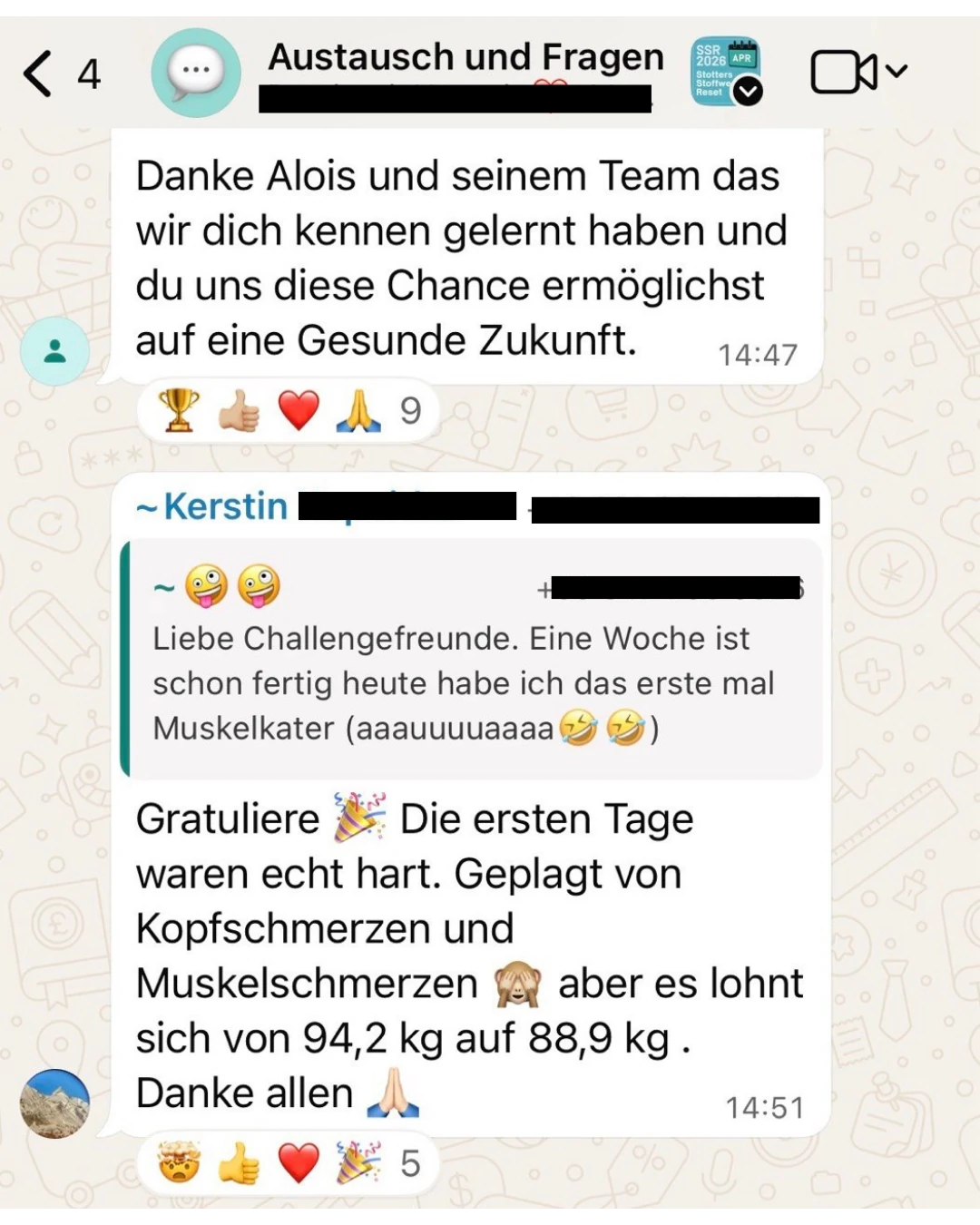 WhatsApp-Nachricht von Kerstin: die ersten Tage waren hart, aber es lohnt sich, von 94,2 auf 88,9 kg