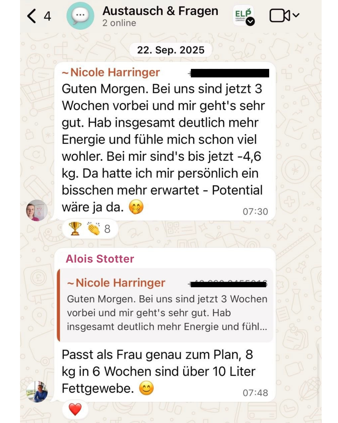 WhatsApp-Nachricht von Nicole aus der Teilnehmer-Gruppe: nach 3 Wochen 4,6 kg abgenommen