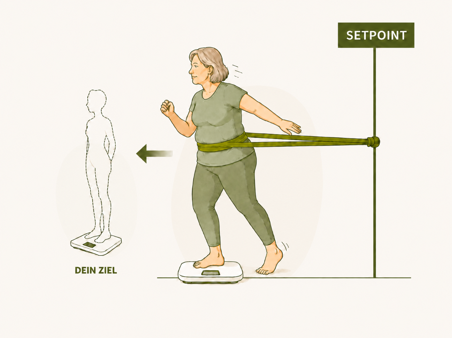 Illustration: Der Körper verteidigt seinen Setpoint und zieht zum gewohnten Gewicht zurück, weg vom Wunschgewicht